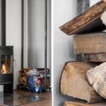 Holzofen mit brennendem Feuer und daneben gestapeltes Brennholz.
