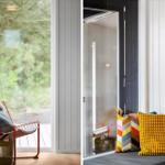 Ein Fensterblick auf Grün mit einem orangefarbenen Stuhl und einem Fensterbrett mit Kissen.