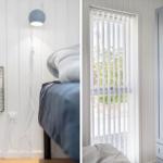 Schlafzimmer mit Bett, Kleiderschrank und Fenster mit Jalousie.