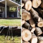 Hütte mit Terrasse, Grillutensilien und Holzstapel im Freien.
