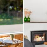 Blick auf grünen Garten mit Tisch, Buch und Tasse. Kamin mit Flamme und grünen Vasen.