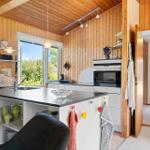 Küche mit Holzwand, Arbeitsplatte und Fenster zur Außenseite.