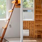 Hölzerner Leiter führt zu einer oberen Ebene mit Fenster und Holzwand.