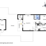 Plan zeigt Wohnfläche mit Küche, Bad, zwei Schlafzimmern und Terrasse.