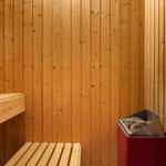 Sauna mit Holzwand, Sitzbank und rotem Heizofen.