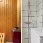 Sauna mit Holzwand und Sitzbank. Duschbereich mit Dusche und Waschbecken.