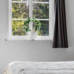 Ein Bett mit einer hellen Bettdecke. Ein Fenster mit grüner Pflanze und grauen Vorhängen.