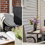 Außenbereich mit Sitzgelegenheit, Tisch, Blumen und Decke.