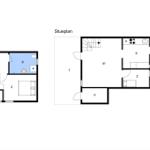 Zwei Stockwerke mit Flur, Küche, Schlafzimmern und Bad.