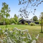 Schwarzes Haus mit Terrasse und großem Garten. Weiße Blumen im Vordergrund.