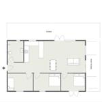 Wohnung mit Küche, Essbereich, Schlafzimmer und Bad. Terrasse und Überdachte Terrasse.