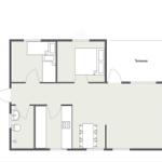 Wohnung mit Küche, Schlafzimmer, Bad und Terrasse.