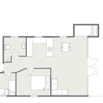 Dieses Apartment hat eine Küche, ein Bad, ein Schlafzimmer und eine Terrasse.