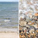 Meeresstrand mit Steinen und Wellen. Blick auf das Wasser und den Uferbereich.
