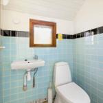 Badezimmer mit Toilette, Waschbecken und Fenster
