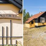 Haus mit gelbem und schwarzem Holzverkleidung und rotem Dach