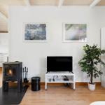 Wohnraum mit Kamin, Fernseher und Pflanze. Küche im Hintergrund.