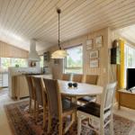Ein Esszimmer mit Tisch, Stühlen und Küchenbereich. Holzwände und -decke. Fenster mit Blick auf Grün.