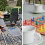 Deck with lounge chair, table, and game board with pieces.