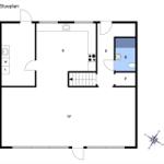 Stueplan zeigt Küche, Bad, Wohnbereich und Treppe.