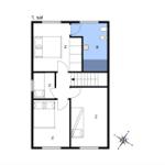 Erstes Stockwerk mit Schlafzimmer, Bad und Treppenhaus.