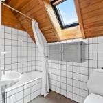 Badezimmer mit Dusche, Toilette und Waschbecken unter Holzdecke mit Dachfenster.