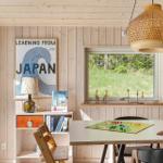 Essbereich mit Tisch, Stühlen und Fensterblick auf Grünland.