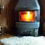 Holzofen mit brennendem Feuer, daneben steht eine Katze und ein Kaminholzstapel.