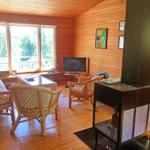 Wohnzimmer mit Holzwand, Kamin, TV und Sitzgelegenheiten.