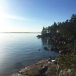 Person sitzt auf Felsen am ruhigen Wasser. Bäume und klarer Himmel im Hintergrund.