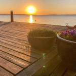 Holzterrasse mit Pflanzen und Blick auf Sonnenuntergang über See