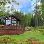 Holzhütte mit Balkon im Wald. Grünflächen und Bäume umgeben das Haus.