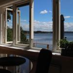 Durch das Fenster blickt man auf einen See mit Bäumen und einem Balkon.