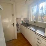 Küche mit Fensterblick auf Wald, weiße Schränke und Edelstahlarbeitsplatte.