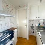 Küche mit weißen Schränken, Spüle und Herd. Wand mit Blumenmotiv und Holzboden.