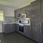 Moderne Küche mit grauen Schränken, Edelstahlgeräten und Fensterblick.