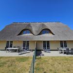 Haus mit Strohdach, Terrasse und Garten. Mehrere Sitzgruppen und Tische sind vorhanden.