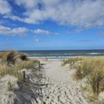 Sandweg führt durch Dünen zum Strand und zum Meer.