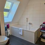 Badezimmer mit Badewanne, Dusche und Dachfenster. Handtücher und Toilette sind vorhanden.