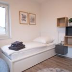 Ein Schlafzimmer mit Bett, Fenster und Wandregalen.