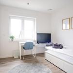 Schlafzimmer mit Bett, Schreibtisch, Fernseher und Kleiderschrank.