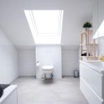 Badezimmer mit Dachfenster, Toilette, Waschbecken und Holzregal.