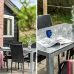 Terrasse mit Tisch, Stühlen und einem blauen Becher.