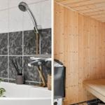 Bad mit Dusche und Sauna mit Holzbank.