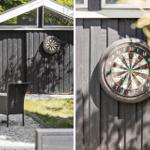 Außenbereich mit Dartscheibe an Holzwand und Sitzgelegenheiten