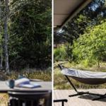 Terrasse mit Tisch und Stühlen, daneben Hängematte im Grünen.