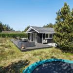 Schwarze Hütte mit Terrasse, Garten und Trampolin. Umgeben von Bäumen und Gras.