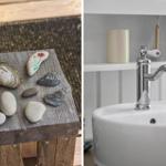 Holztisch mit Steinen und Muscheln. Badewanne mit Wasserhahn.