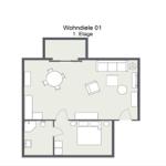 Wohnbereich mit Schlafzimmer, Bad und Essbereich auf 1. Etage.