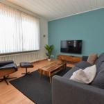 Wohnzimmer mit Sofa, Sessel, TV und Holztisch.